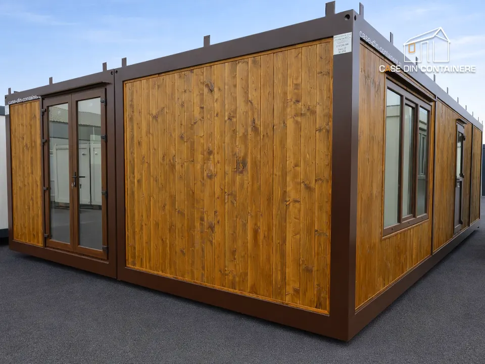 Casa modulara din containere cu design modern si finisaje din lemn, model compact pentru locuire - Case din containere
