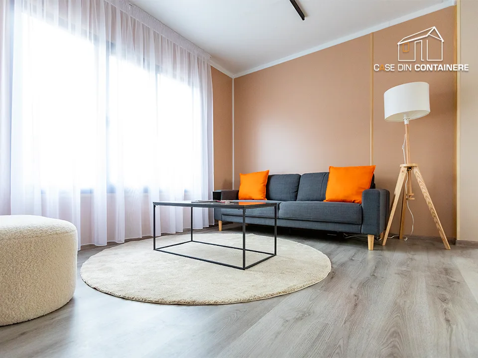 Living modern amenajat intr-o casa modulara, cu canapea gri, masuta minimalista si decor luminos - Case din containere